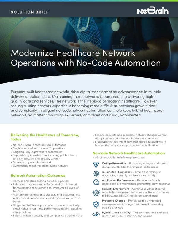 NetBrain Modernize Healthcare Network Operations With No-Code Automation Solution Brief_3-14-23 - Page 1